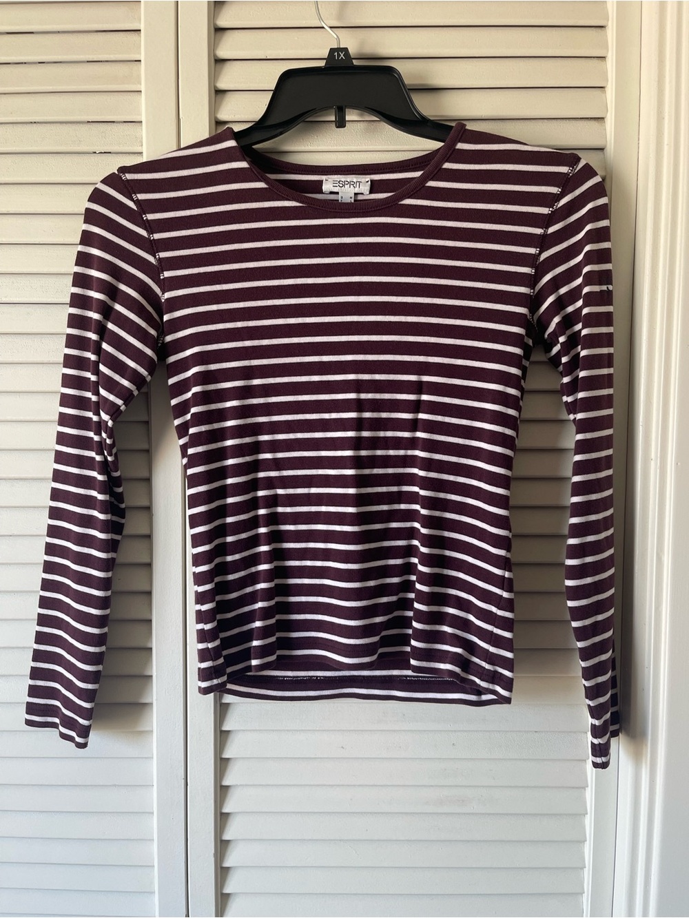 Esprit Long Sleeve Striped Tee in Burgundy and White